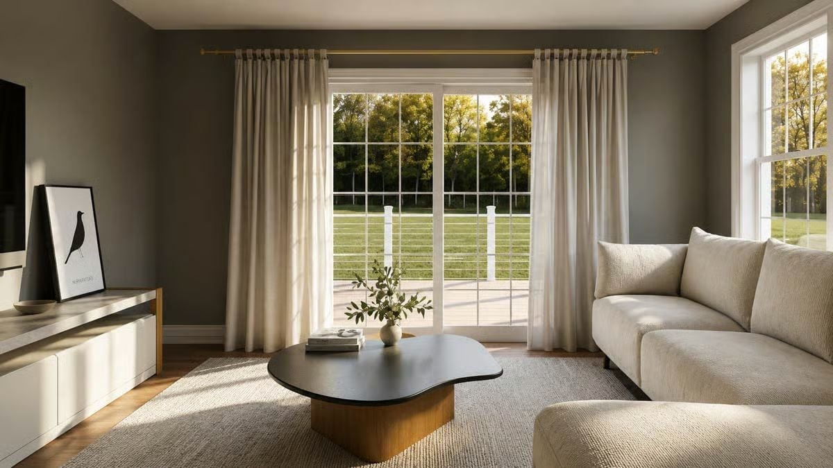 Moody Walls, Organic Coffee Table, and Curtains Hung Right to the Ceiling