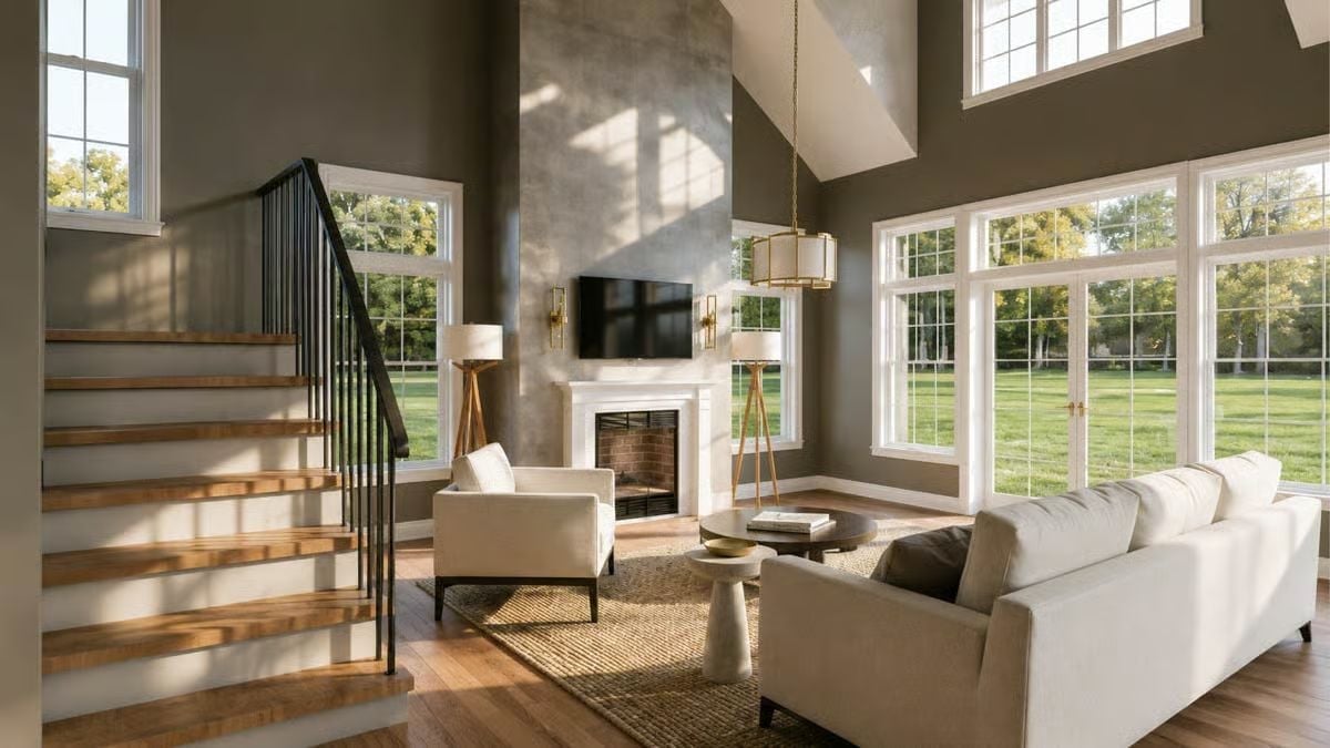 Vaulted Ceilings and Gold Fixtures Do the Heavy Lifting Here