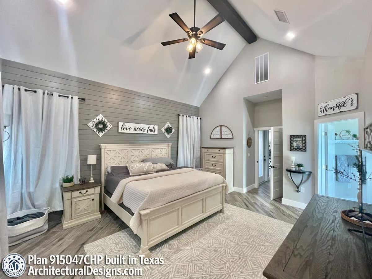 Shiplap Accent Wall and Vaulted Beams That Make the Bedroom Feel Like a Reward