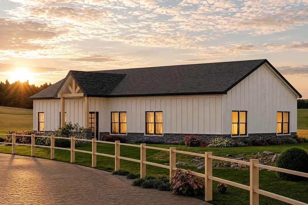 Board-and-Batten White Exterior with Stone Base at Golden Hour