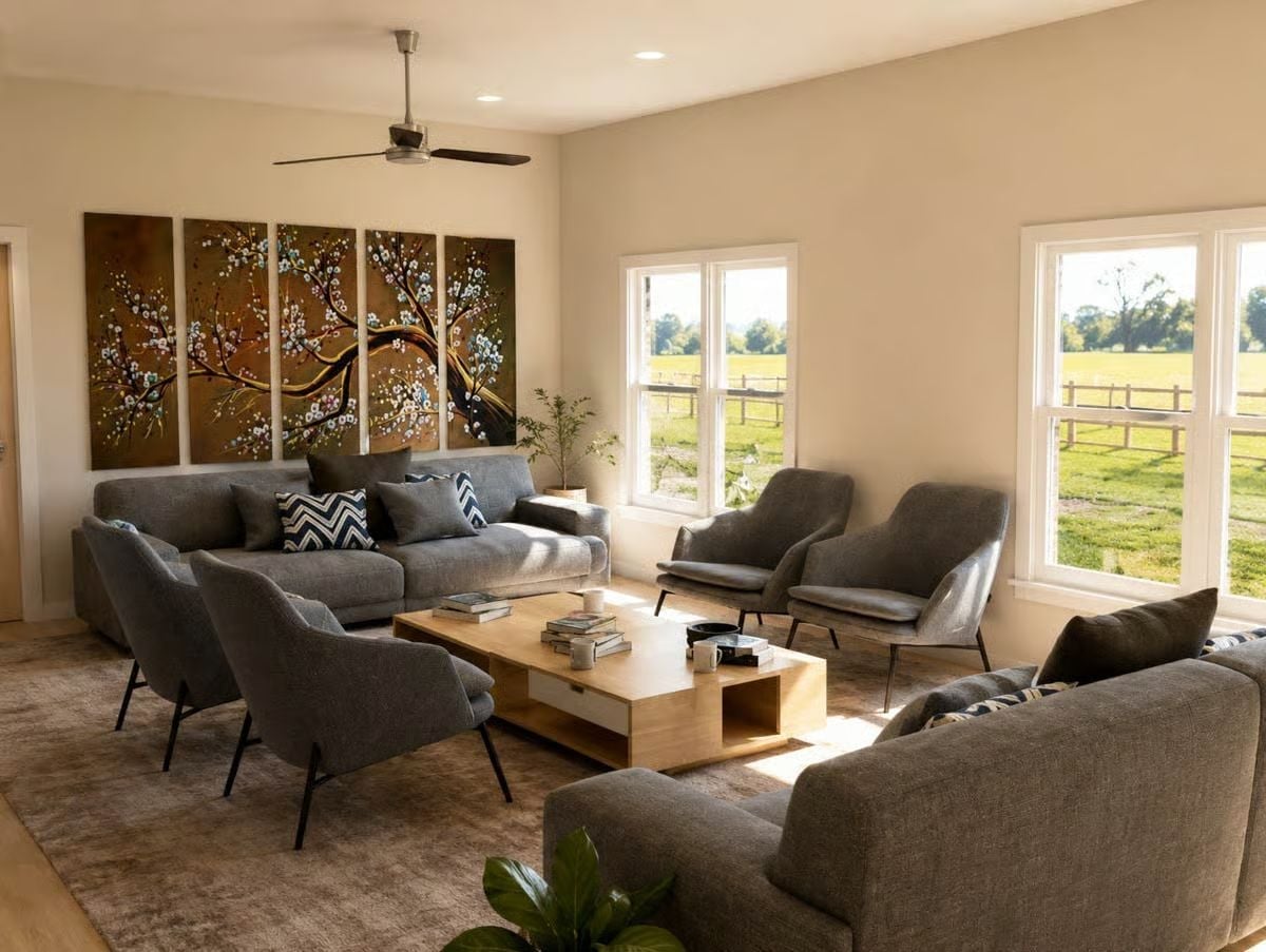 Cherry Blossom Triptych Anchors a Living Room That Earns Its Calm