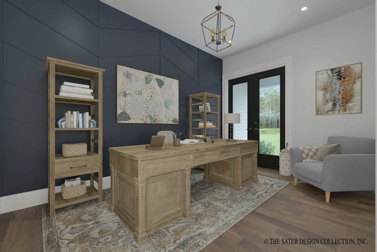 Navy Paneling and Raw Wood Pull Off Something Most Home Offices Can't