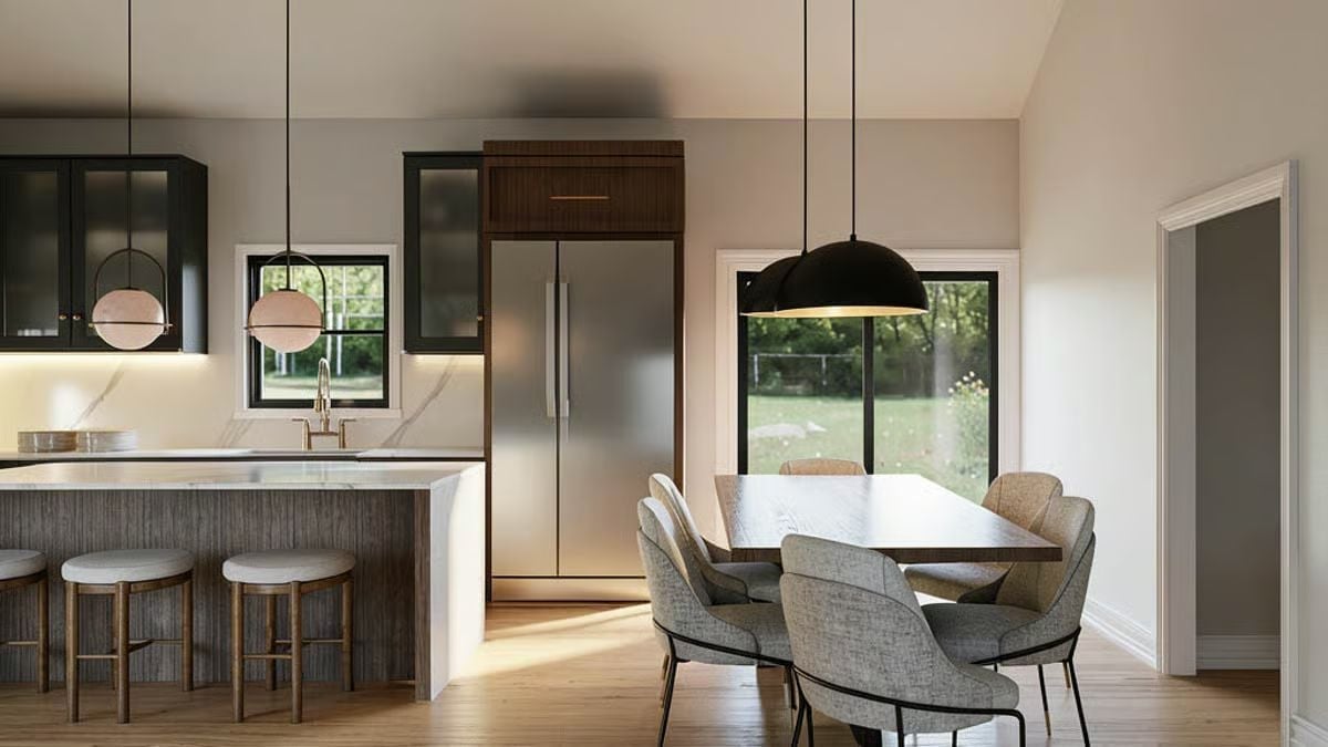 Dark Cabinetry and a Dome Pendant Walk Into a Kitchen-Dining Space