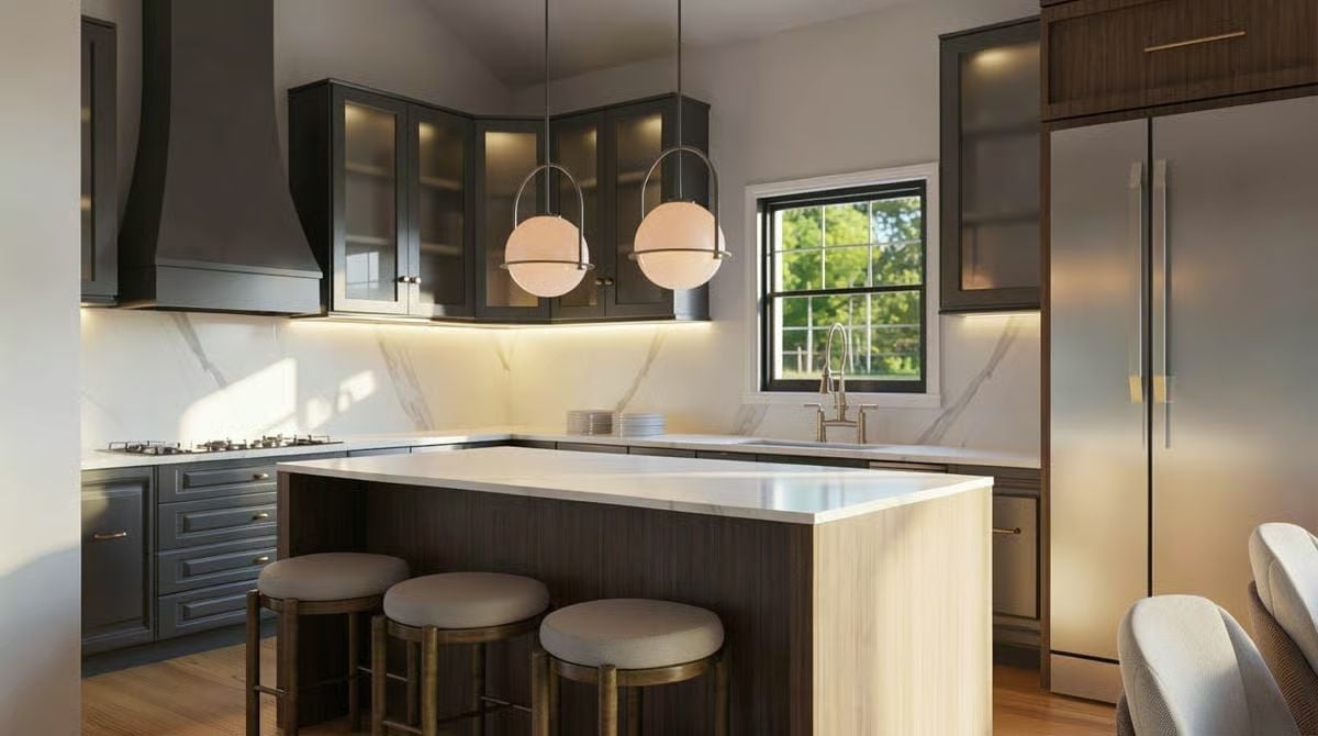 Dark Cabinetry, Globe Pendants, and a Kitchen Island That Earns Its Footprint
