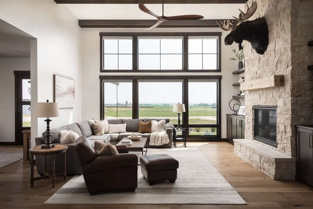 Moose Mount, Stone Fireplace, and a View Across Open Fields