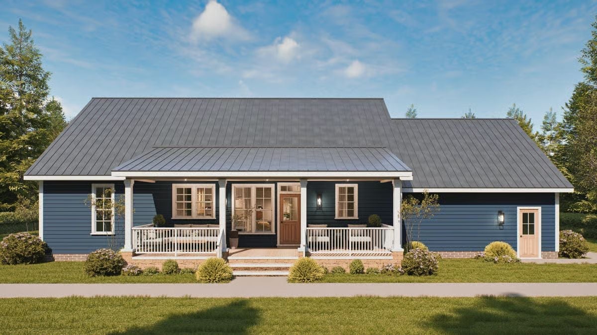 Navy Blue Siding and a Wraparound Porch Built for Sitting, Not Staging