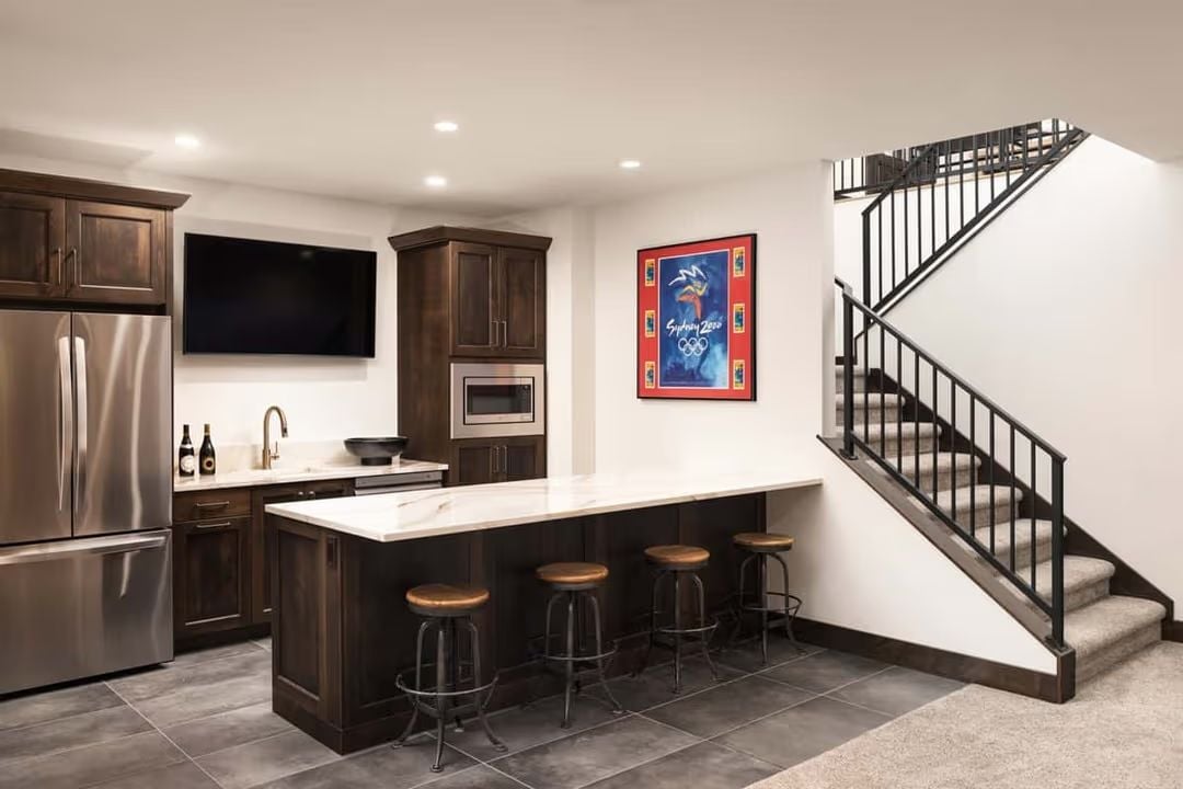 Sydney 2000 Olympic Poster, Bar Stools, and a Basement Wet Bar Built to Last