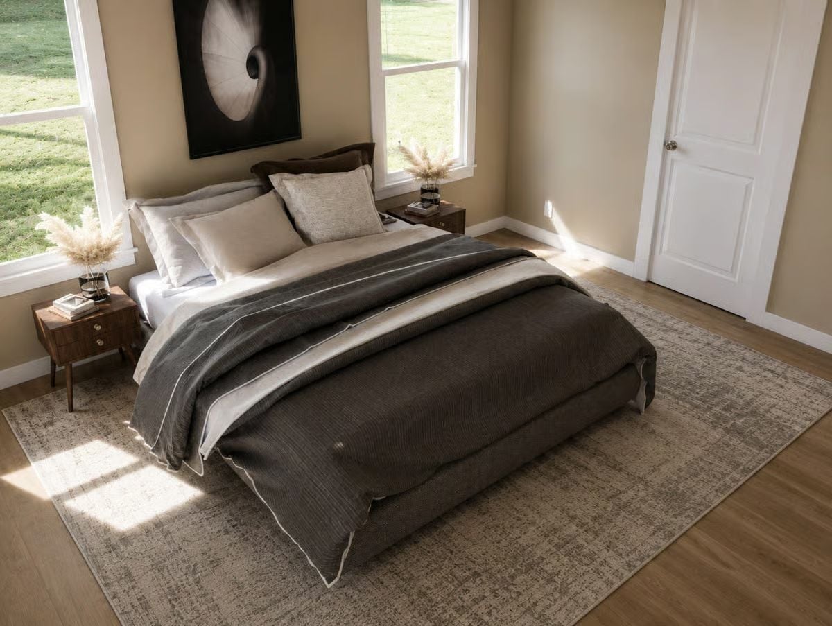 Warm Neutrals and a Dark Coverlet That Earns Its Keep in a Sun-Drenched Room