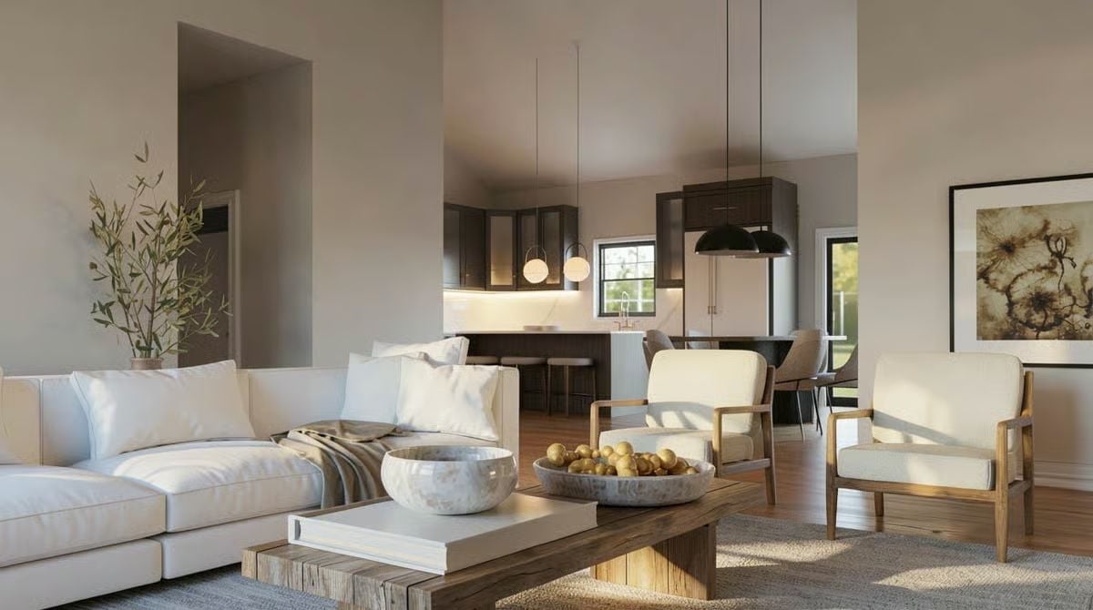 Warm Neutrals and Raw Wood Ground an Open-Plan Living Space