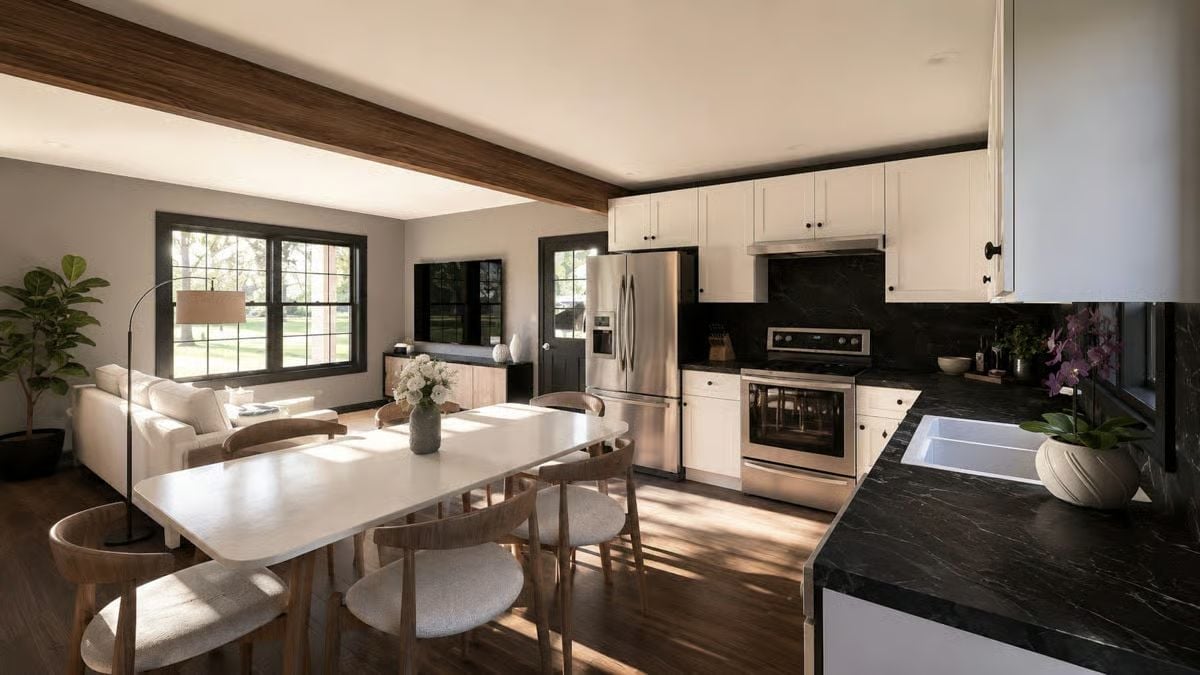 Black Marble, White Cabinets, and Exposed Beams That Pull It All Together