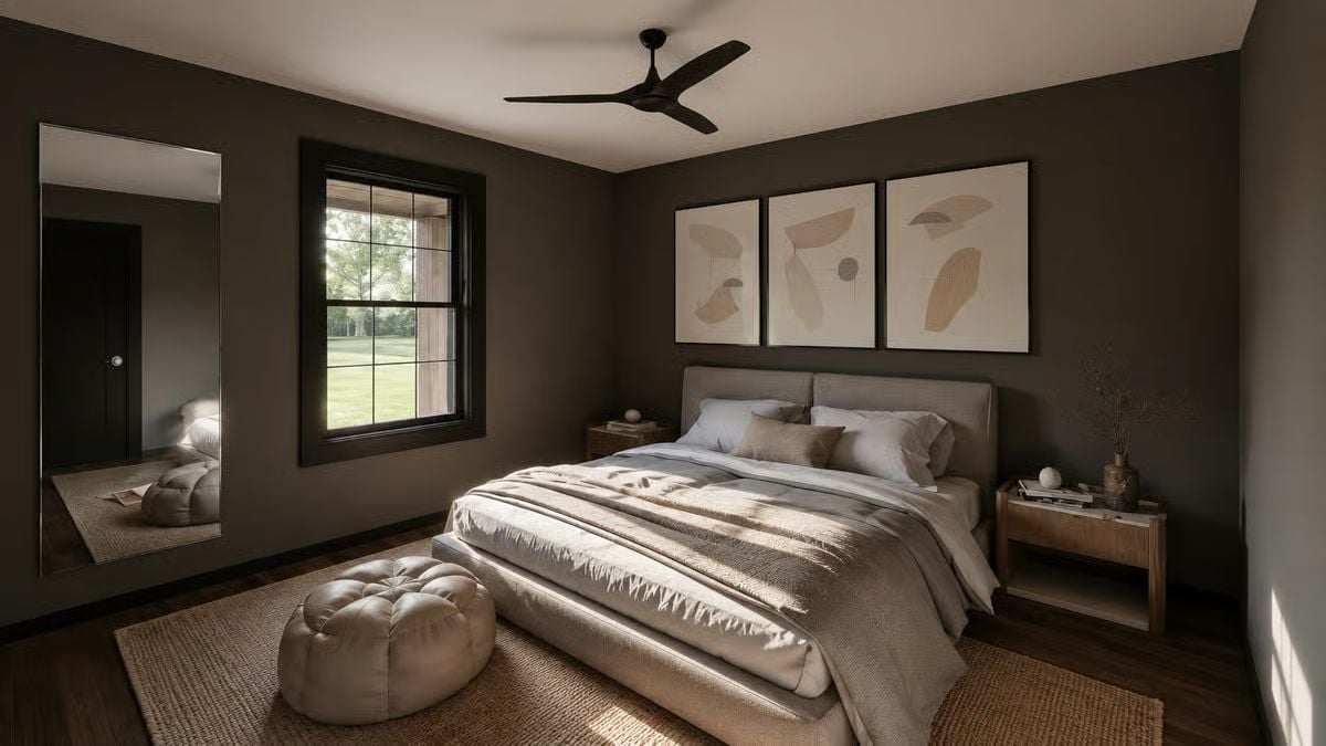 Dark Walls, Linen Bedding, and a Ceiling Fan That Actually Fits the Scale