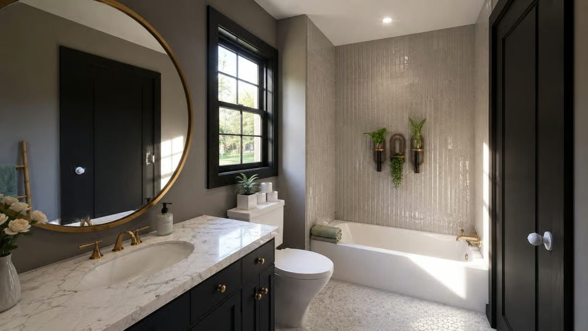 Gold Fixtures, Marble Countertops, and Wall-Mounted Planters Above the Tub