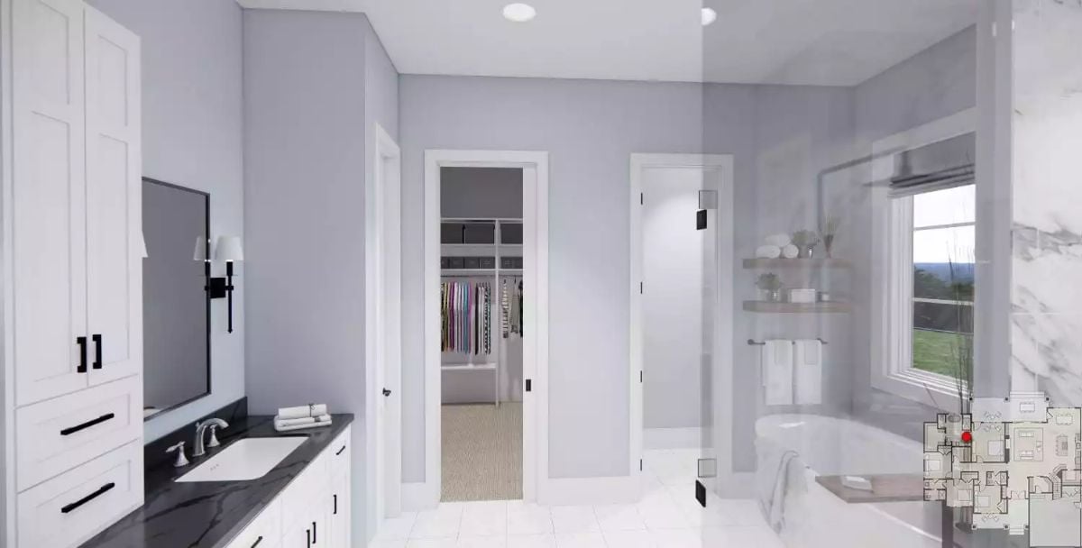 Marble Surround and Glass Shower Keep This Primary Bath Feeling Open