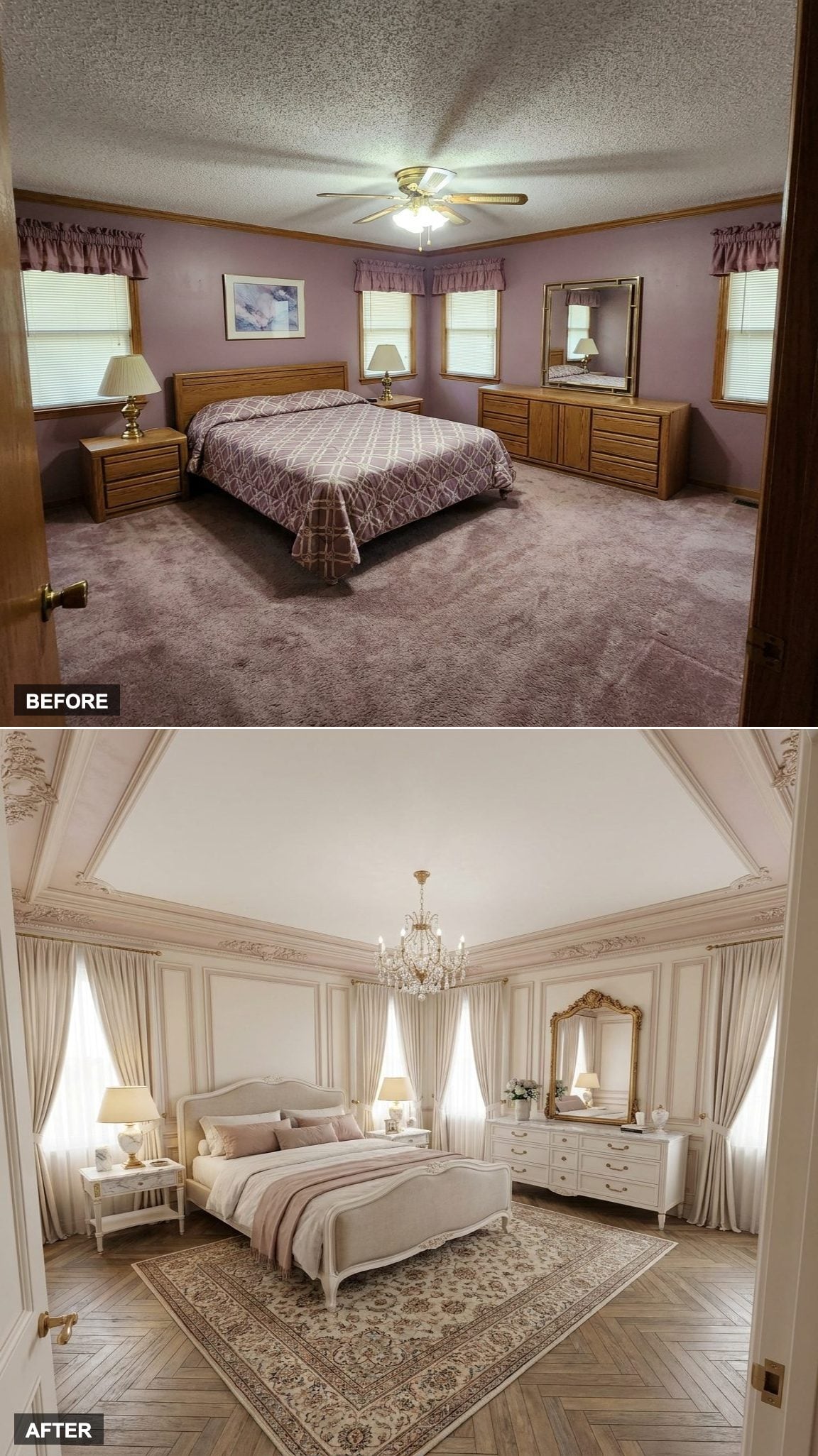 Herringbone Oak Floors and Plaster Moldings Recast the Mauve Bedroom as a Parisian Retreat