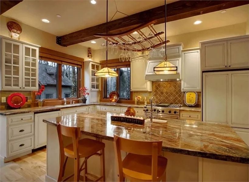 Marble Island and Wine Glass Rack Pull the Kitchen in Two Directions