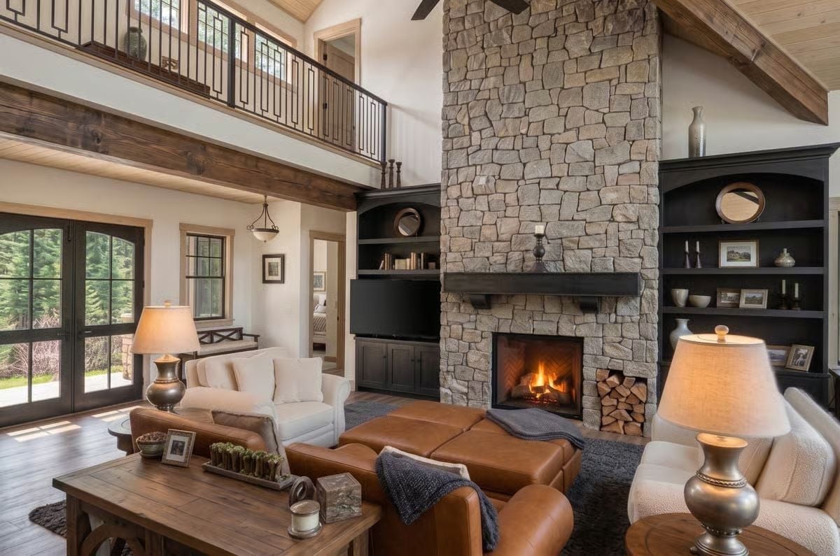 Floor-to-Ceiling Stone and Firelight Earn Every Square Foot of This Great Room