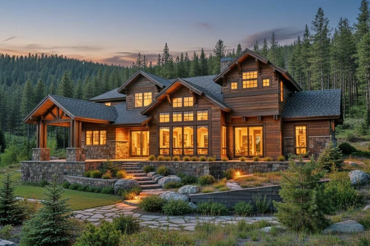 Warm Wood and Stone Built Into a Hillside at Dusk