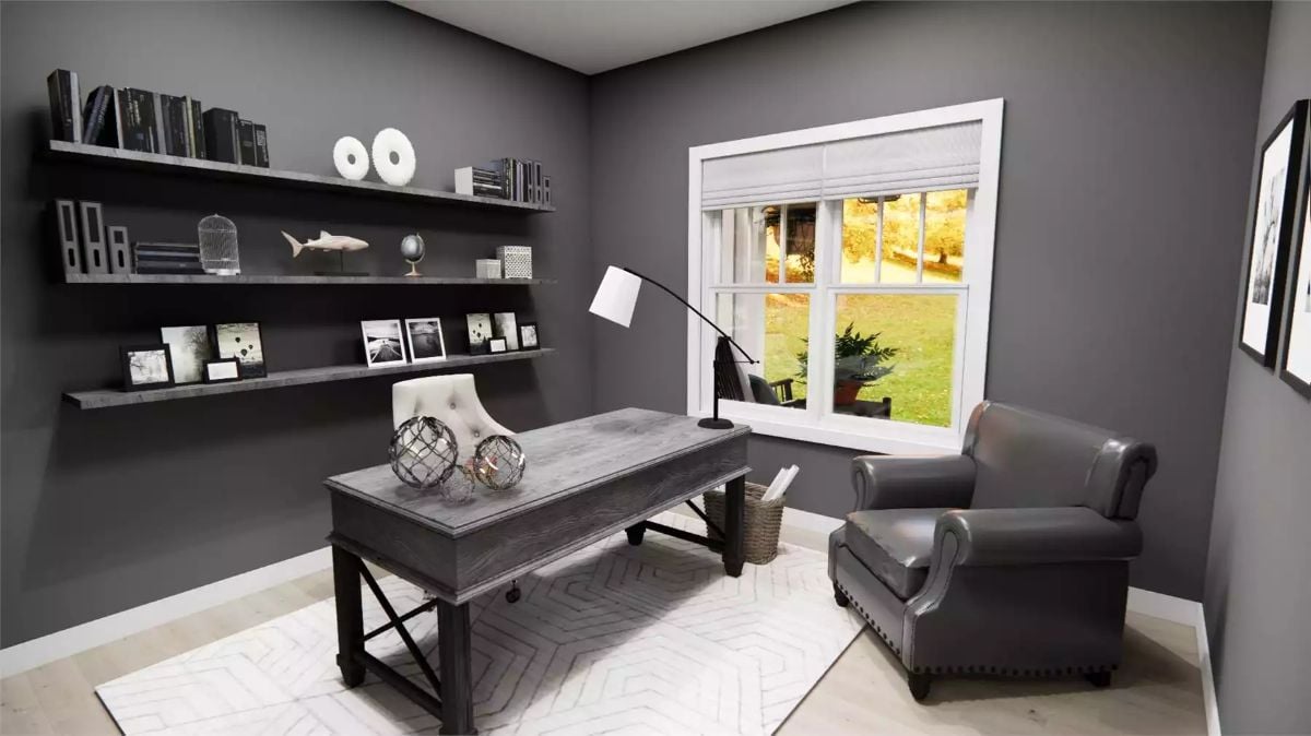Slate Walls and Floating Shelves Make This Home Office Feel Seriously Intentional