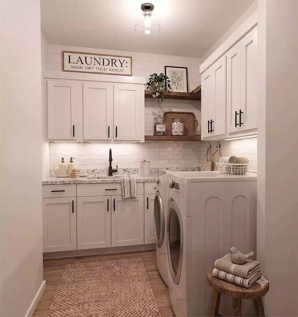 Matte Black Pulls, Open Wood Shelves, and a Laundry Room That Actually Wants to Be Used