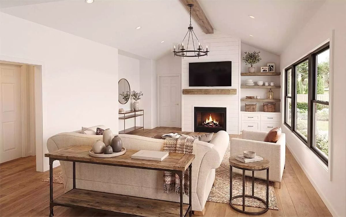 Shiplap, Open Shelves, and a Fireplace That Earns Its Place in the Room
