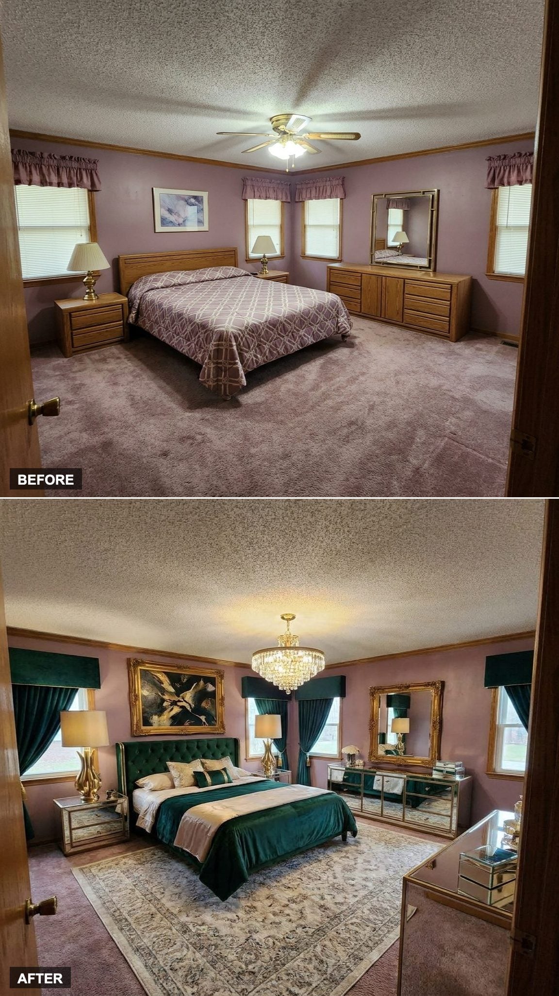 Mirrored Accents and Emerald Velvet Sweep the Mauve Bedroom into Hollywood Regency Glam