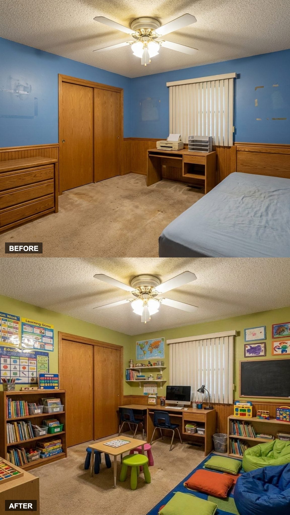 The Home Classroom That Organizes Bookshelves, Study Desks, and Flexible Seating Into One Focused Room