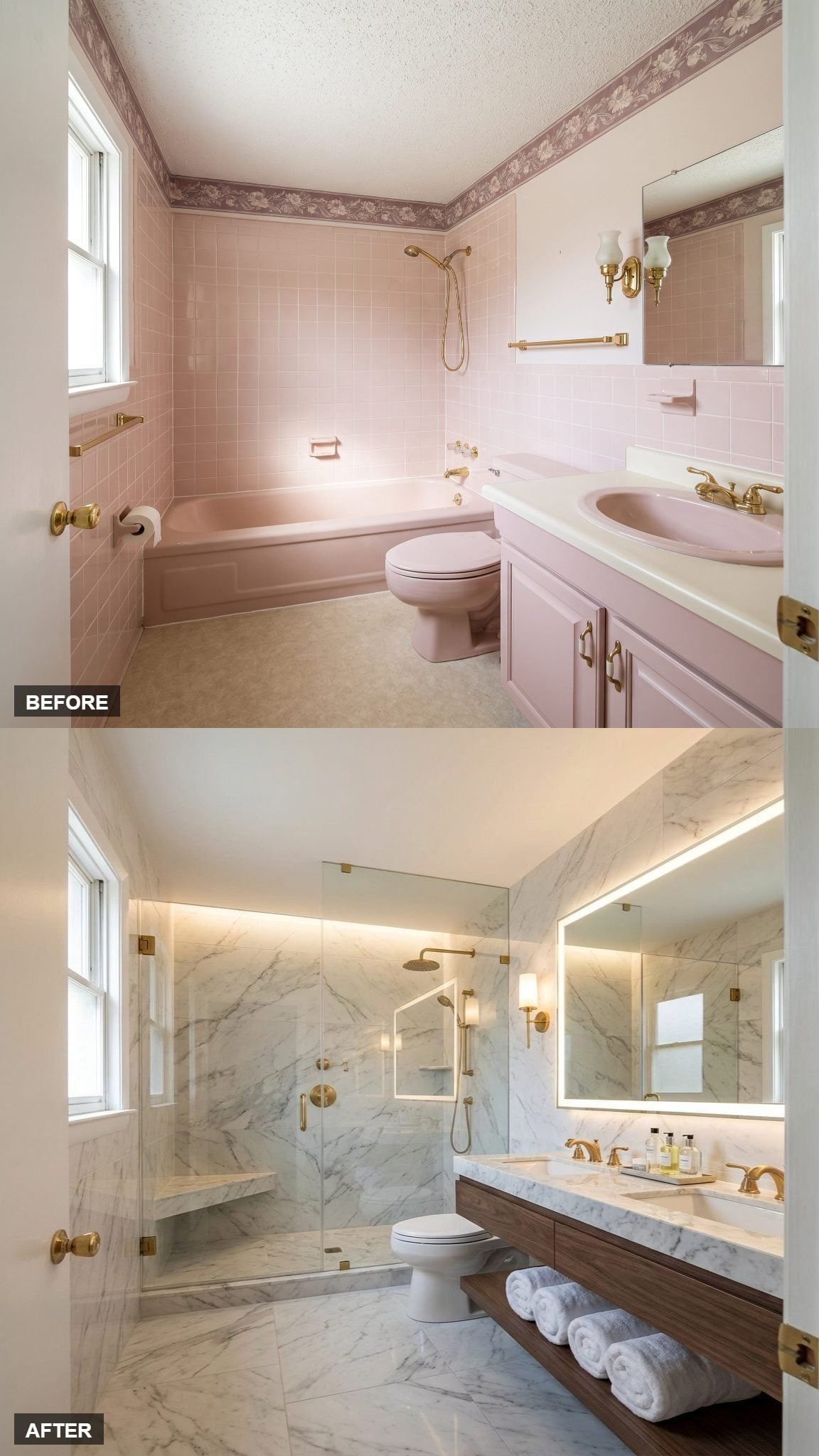 Hotel Suite Style in Polished Marble-Look Tile and Brass