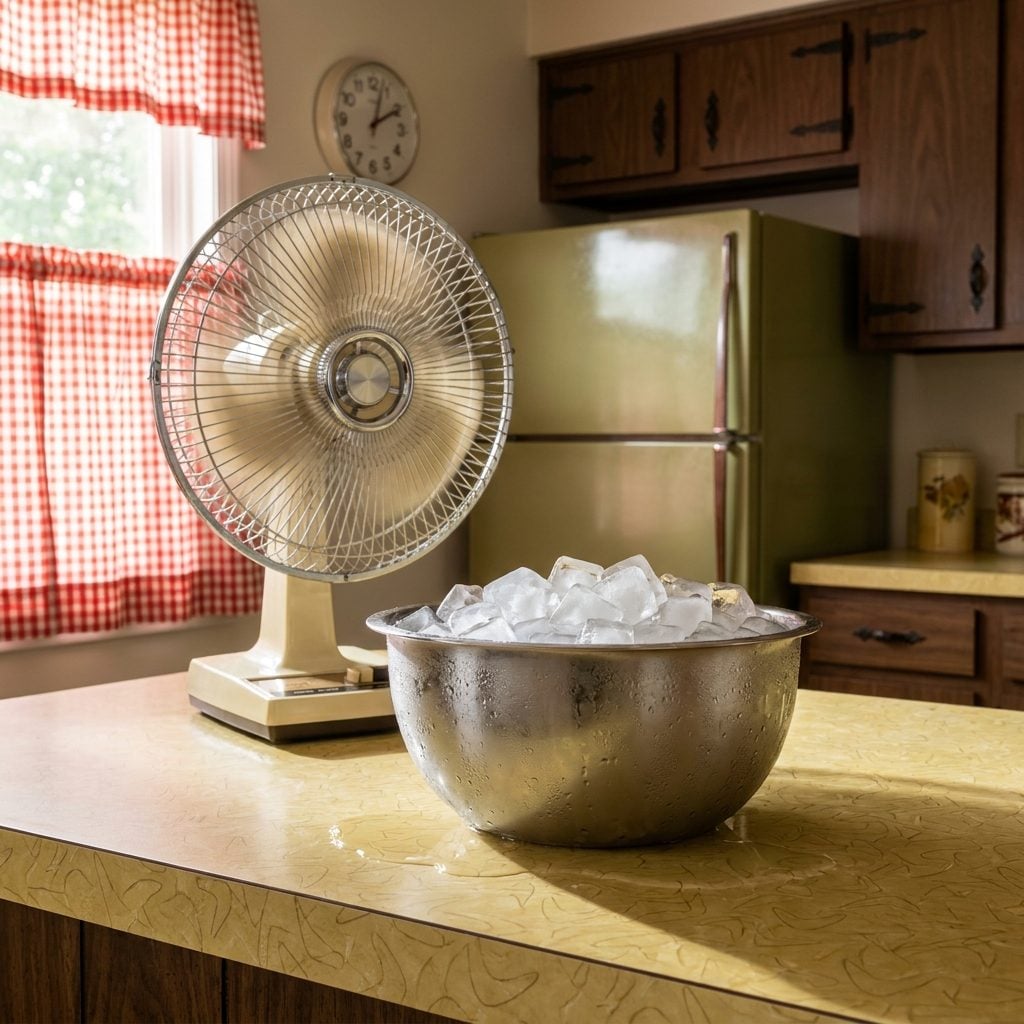 Ice Cubes in a Bowl in Front of the Oscillating Fan