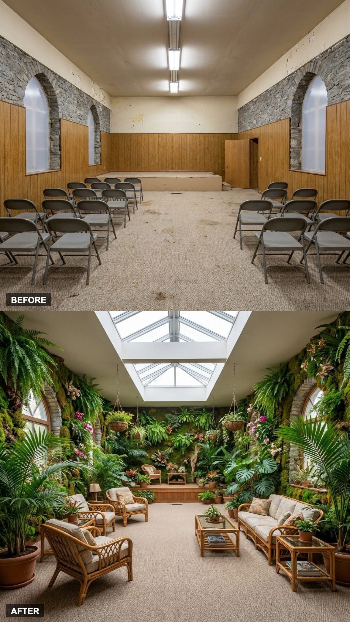 Indoor Botanical Conservatory With Living Walls, Skylights, and Cascading Tropical Greenery