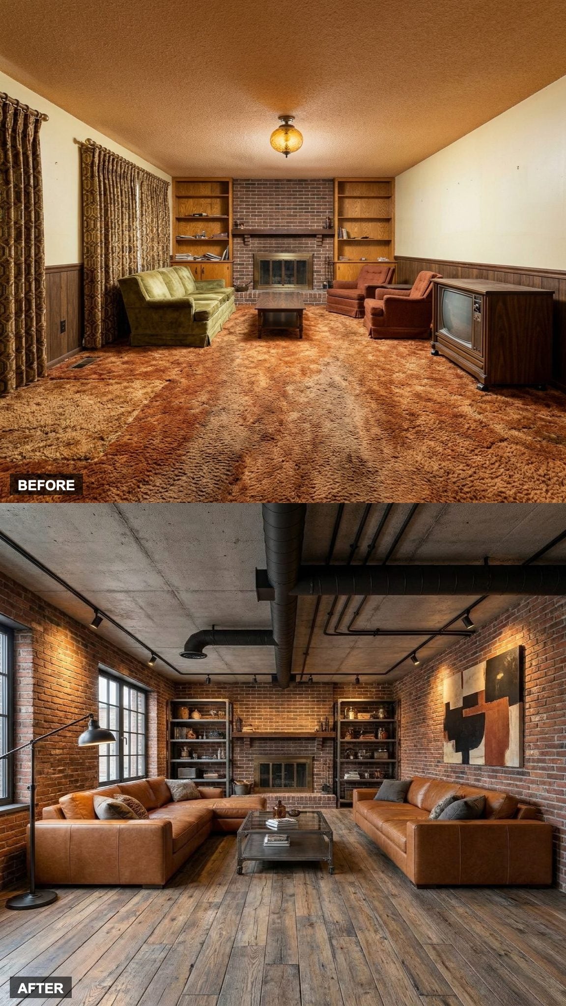 Industrial Great Room with Exposed Brick, Raw Steel, and Cognac Leather