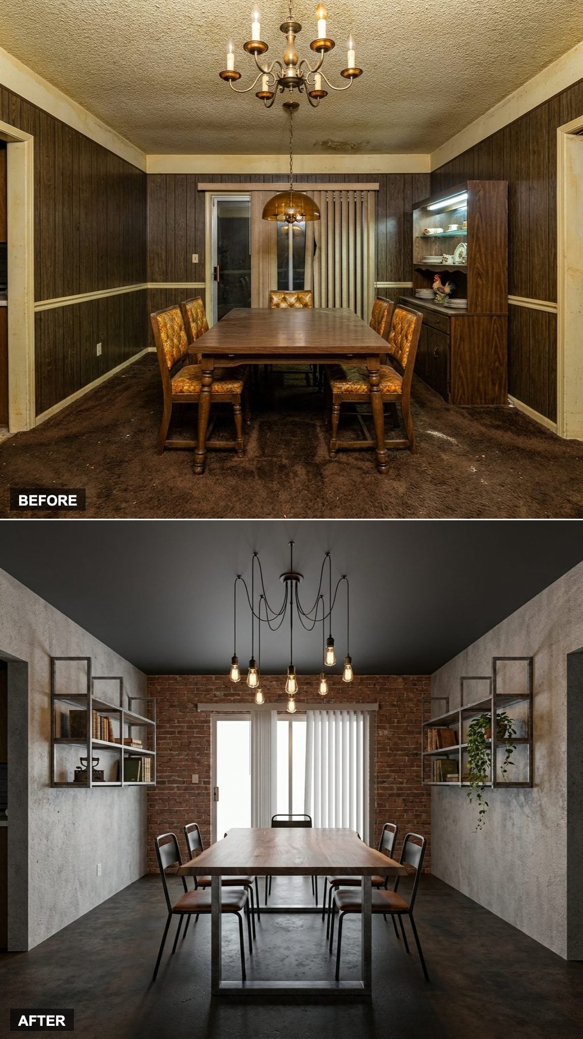 Industrial Loft Dining with Exposed Brick, Raw Steel Shelving, and Edison Cluster Pendants