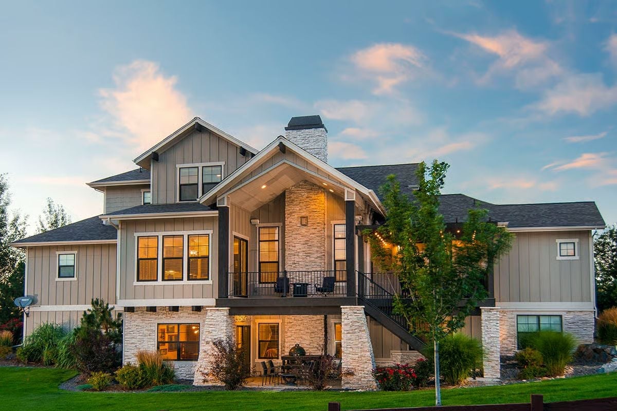 Warm Stone and Board-and-Batten Make This Craftsman Rear Elevation Worth Studying
