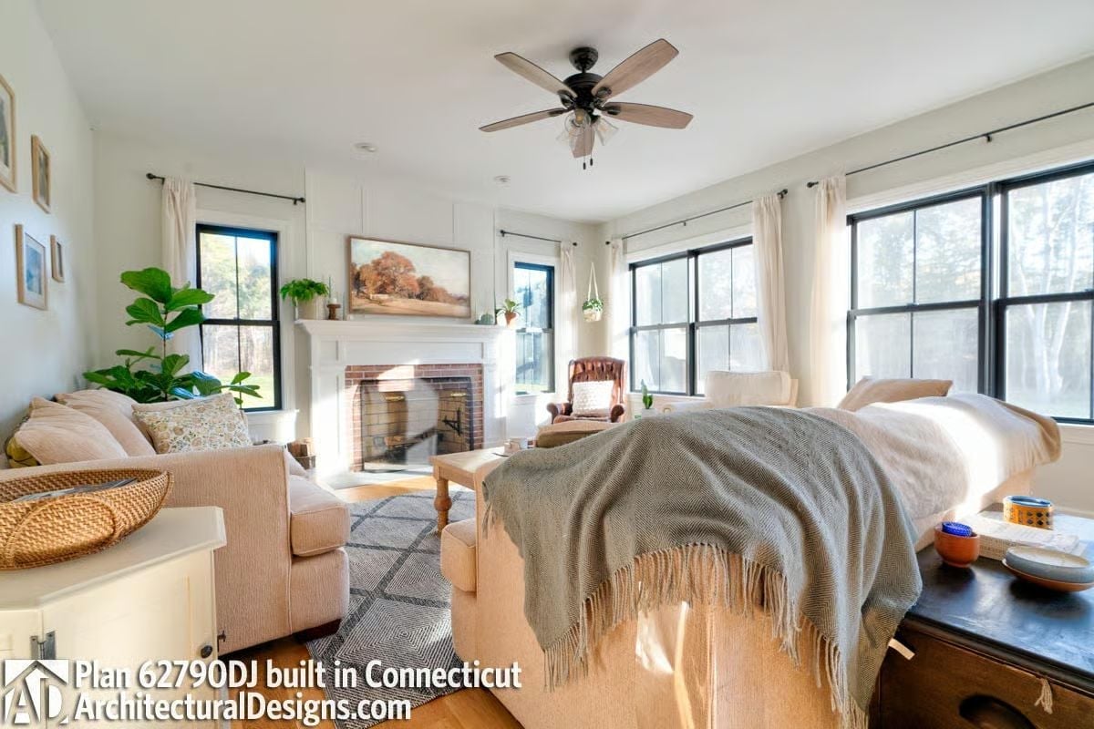 Brick Fireplace, Fiddle-Leaf Fig, and Afternoon Light Doing All the Heavy Lifting