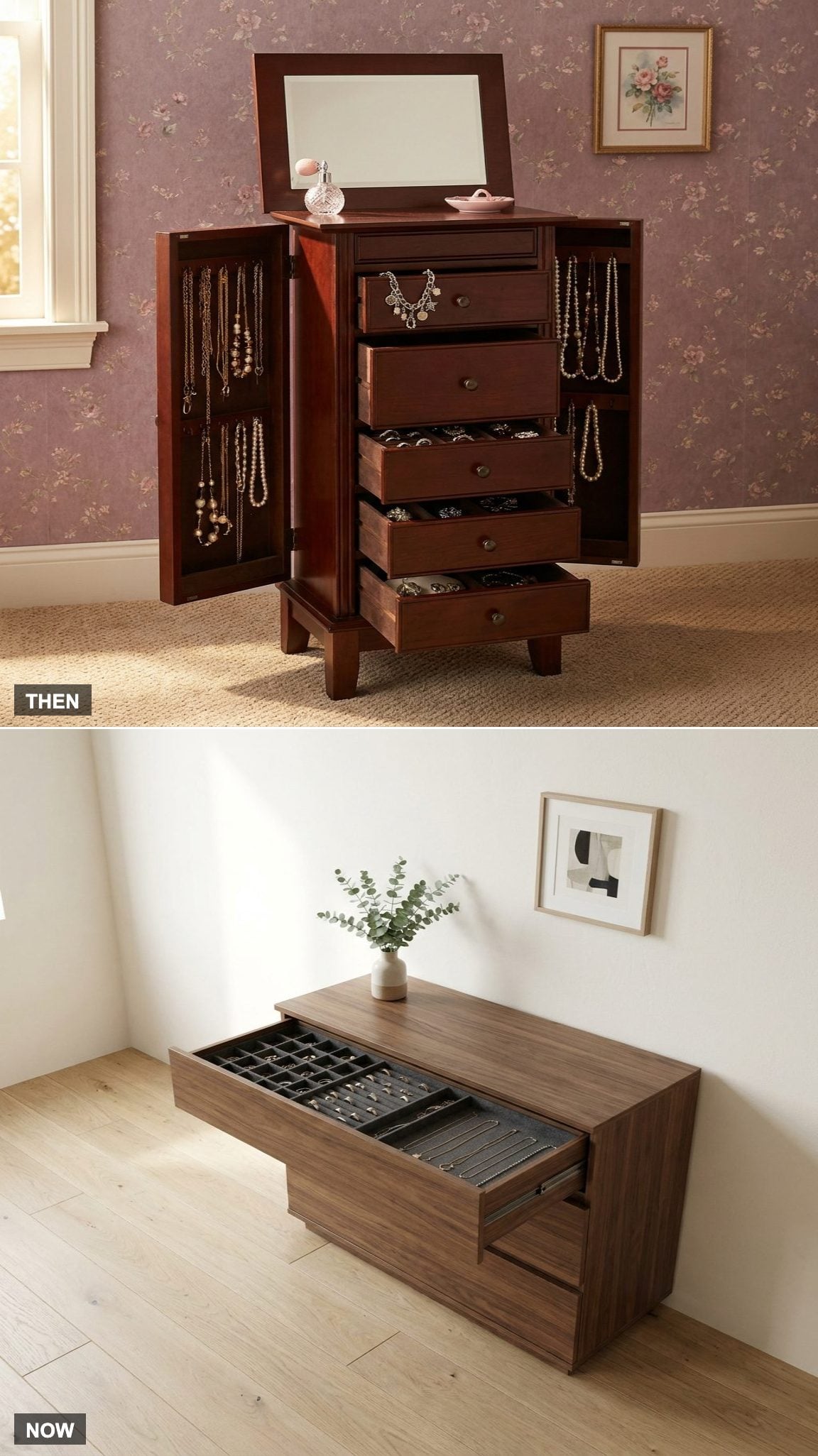 The Jewelry Storage: Freestanding Armoire vs. Hidden Drawer Insert