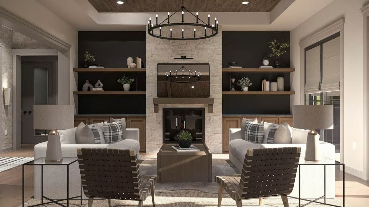 Woven Leather Chairs and a Stone Fireplace That Earns the Room's Attention
