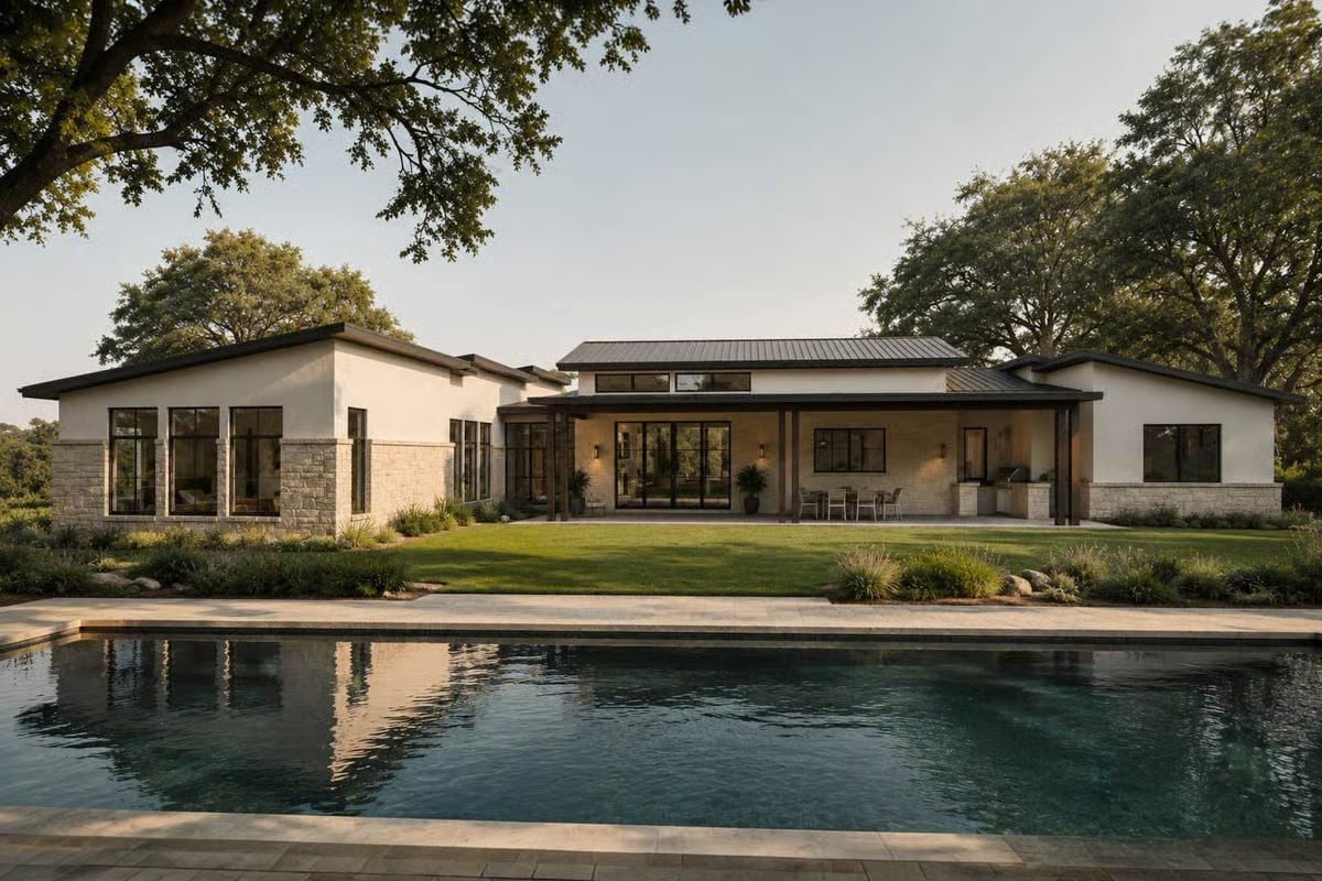 Stone Base, Metal Roof, and a Pool That Reflects the Whole Thing Back at You