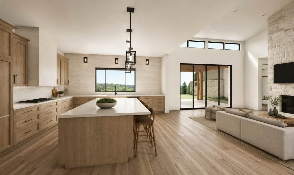 Warm Wood Cabinetry and a Waterfall Island Built for a Crowd