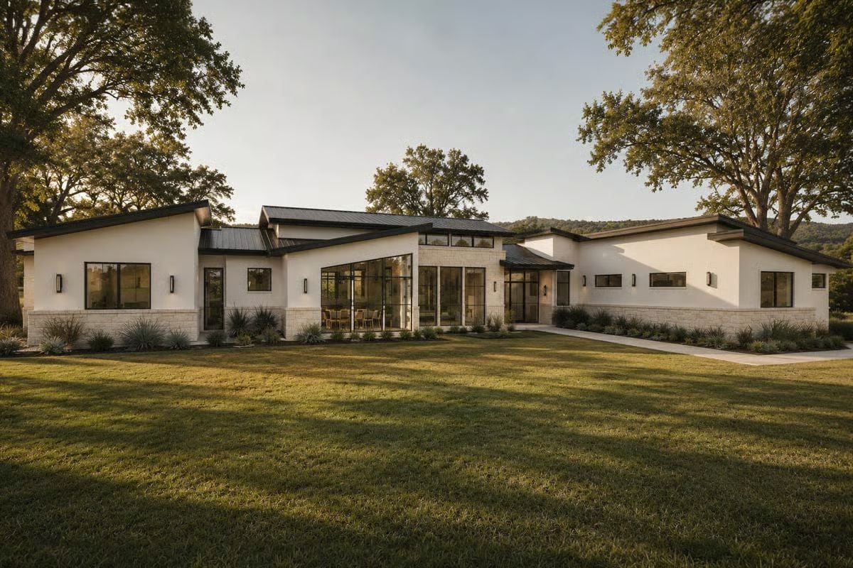 White Stucco and Stone Base With a Glass Core That Pulls the Hill Country In