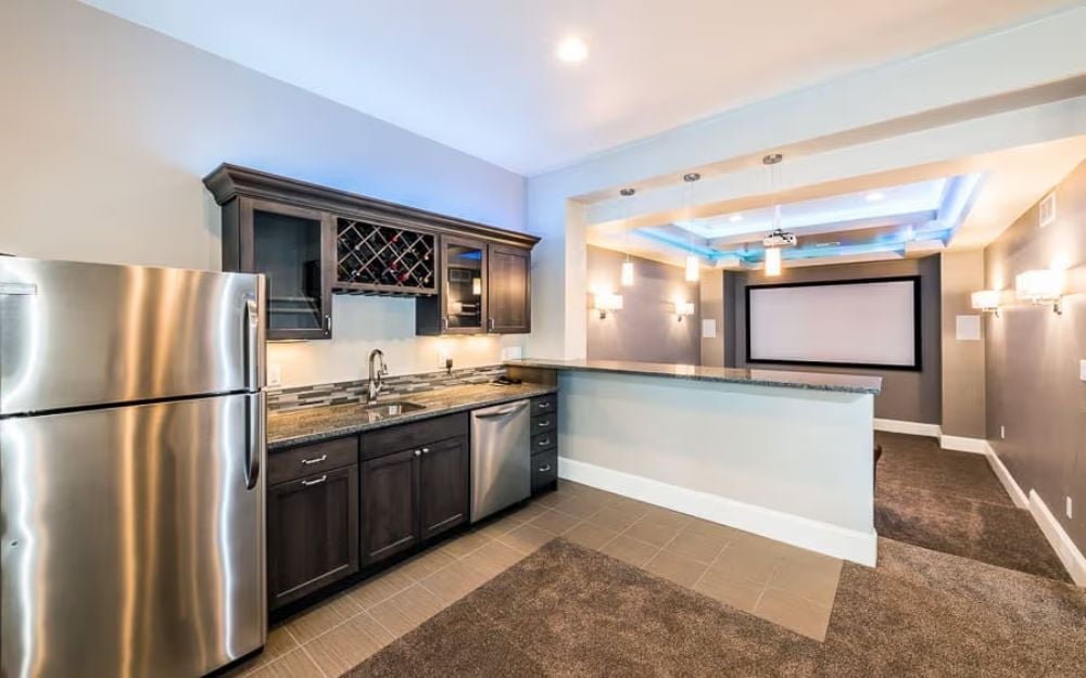 Wet Bar Built to Actually Stock a Party, With a Home Theater Right Behind It