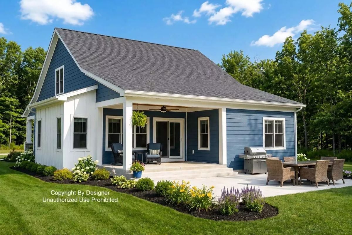 Blue Board-and-Batten Meets Covered Patio in This Backyard That Works Hard