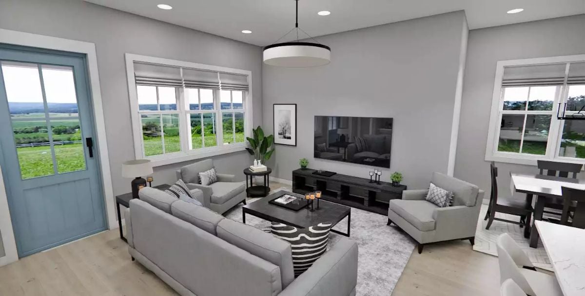 Gray Sofas, Rural Views, and a TV Wall That Doesn't Fight for Attention