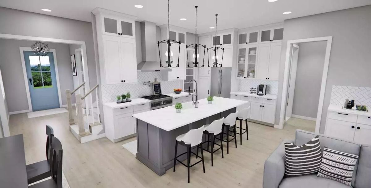 Pendant Lanterns and a Gray Island That Pulls the Whole Kitchen Together