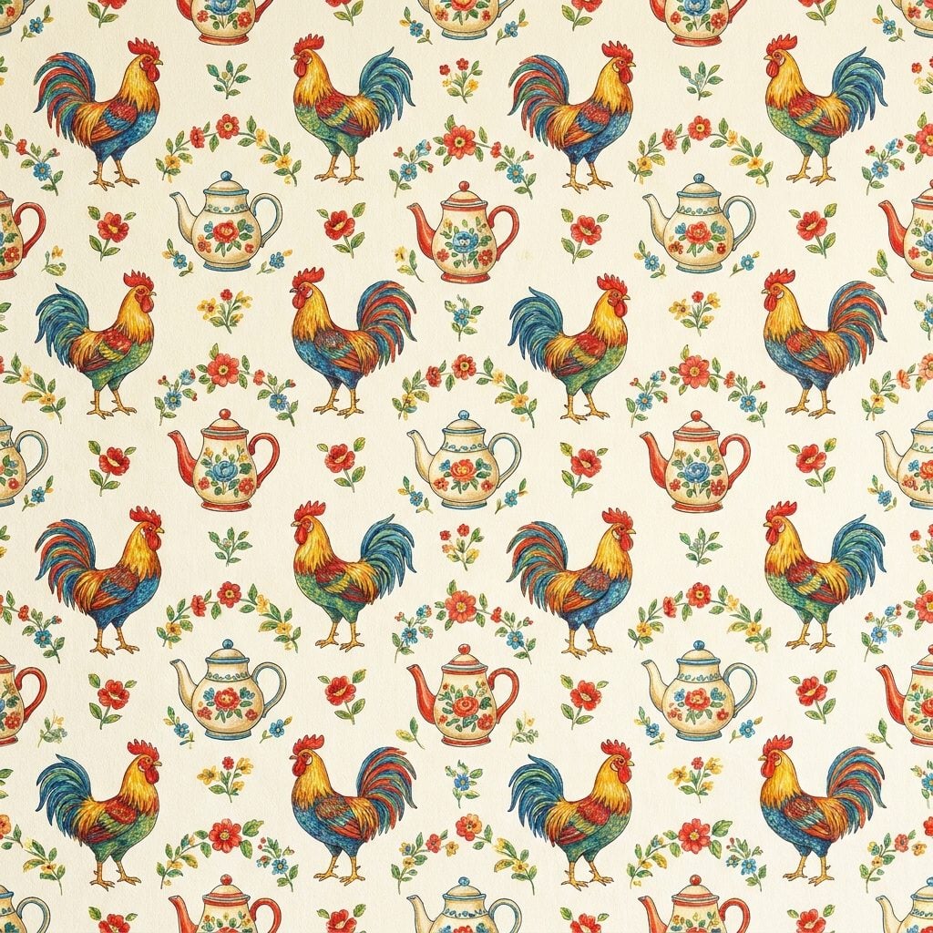 The Kitchen Wallpaper Featuring Roosters, Teapots, or Both
