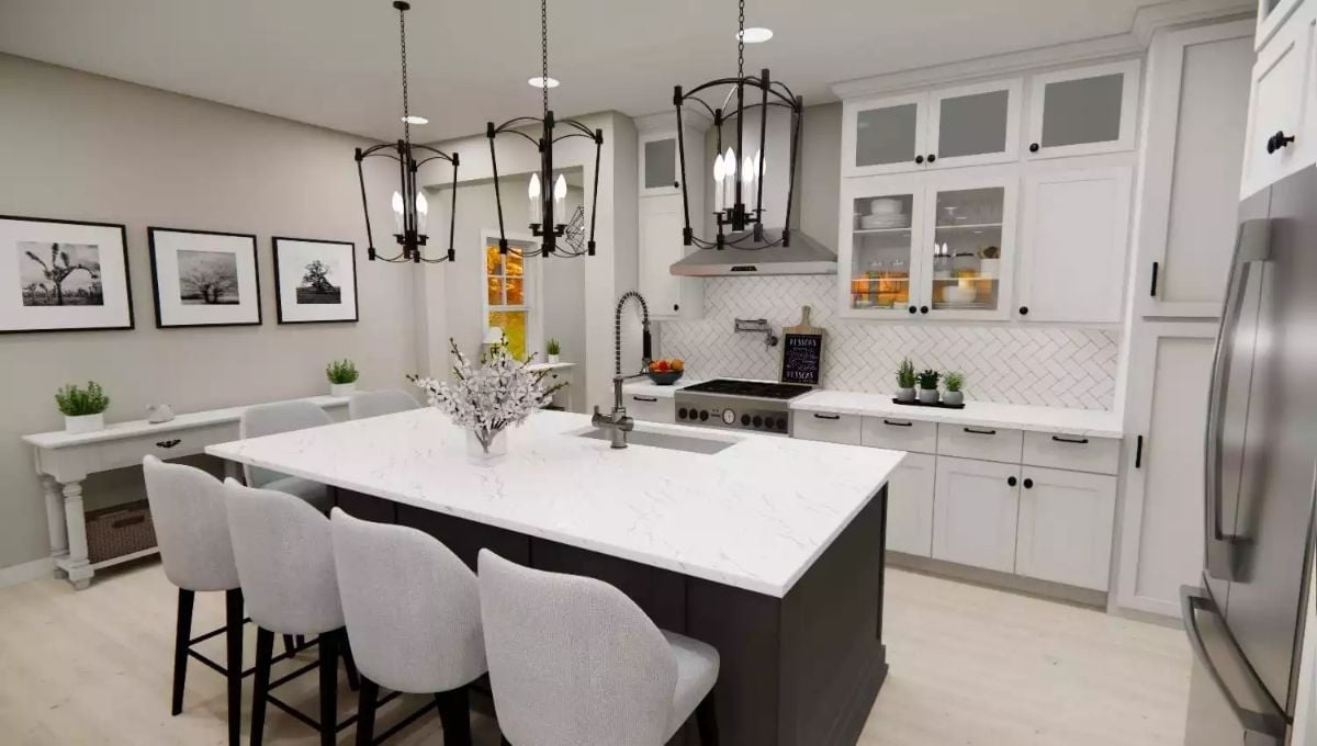 Dark Island Base, White Quartzite Top, and Three Chairs That Actually Fit
