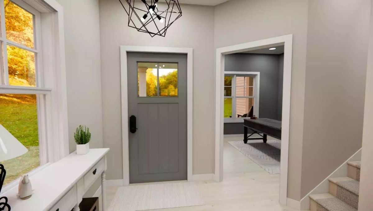 Gray Front Door With a Window That Earns Its Place