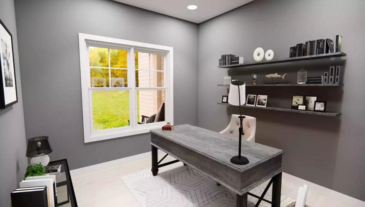 Gray Walls, Floating Shelves, and a Desk That Means Business
