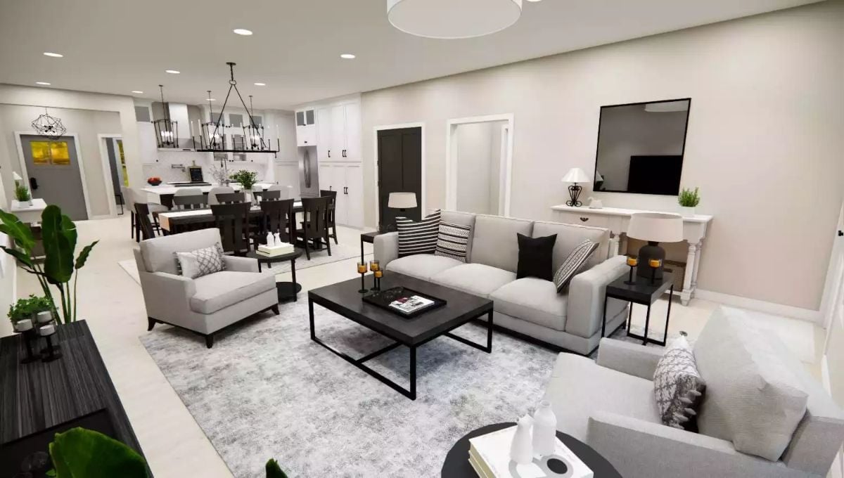 Soft Gray Seating, a Square Coffee Table, and an Open Plan That Invites You to Stay