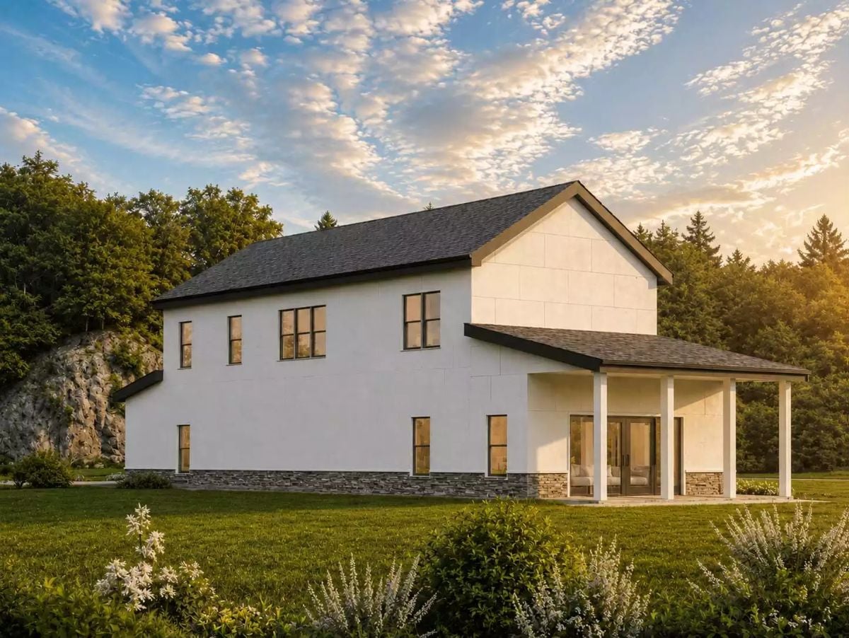 Covered Porch and White Panel Siding Carry the Farmhouse DNA Outside