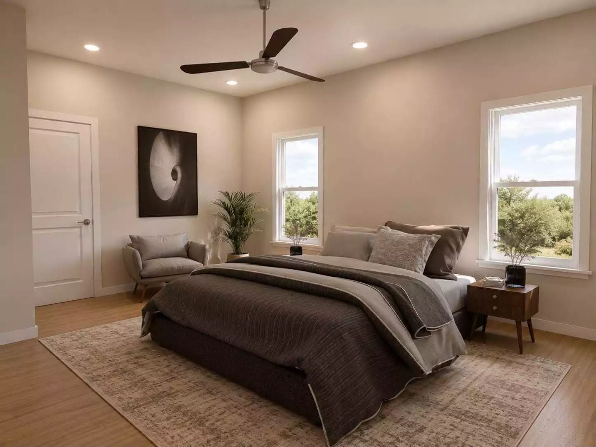 Dark Bedding and Warm Wood Pull a Neutral Bedroom Back From Feeling Bland