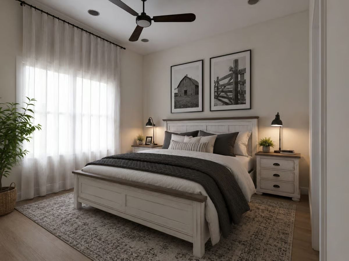 Barn Photography and Black Lamps Keep This Bedroom Honest
